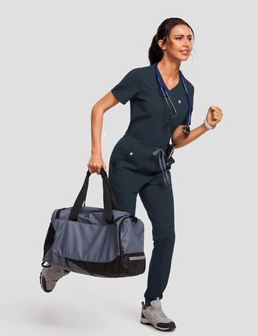 POPVIOLET High Waisted Jogger Medical Scrub Pants Women - 7 Pockets Stretch Knit Drawstring Yoga Waistband Slim Fit Pants in Kuwait