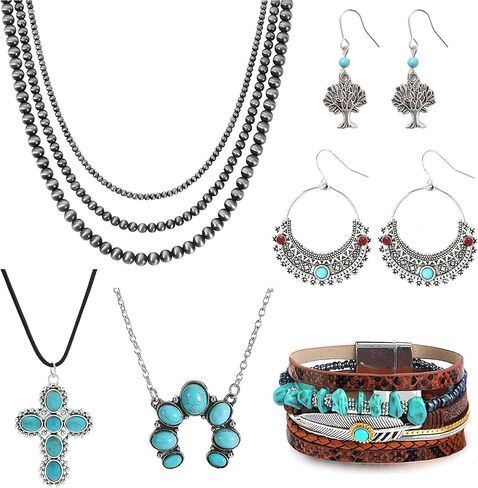 MOZAKA 6 قطع مجوهرات غربية للنساء البوهيمي نافاجو بيرل قلادة بوهو الفيروز قلادة تتدلى أقراط جلدية فو سوار التفاف مجموعة مجوهرات in Kuwait