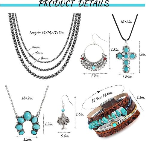 MOZAKA 6 قطع مجوهرات غربية للنساء البوهيمي نافاجو بيرل قلادة بوهو الفيروز قلادة تتدلى أقراط جلدية فو سوار التفاف مجموعة مجوهرات in Kuwait