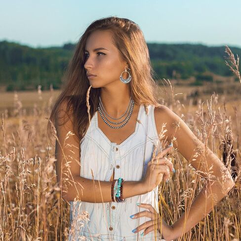 MOZAKA 6 قطع مجوهرات غربية للنساء البوهيمي نافاجو بيرل قلادة بوهو الفيروز قلادة تتدلى أقراط جلدية فو سوار التفاف مجموعة مجوهرات in Kuwait