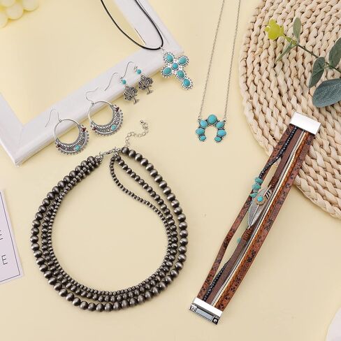 MOZAKA 6 قطع مجوهرات غربية للنساء البوهيمي نافاجو بيرل قلادة بوهو الفيروز قلادة تتدلى أقراط جلدية فو سوار التفاف مجموعة مجوهرات in Kuwait