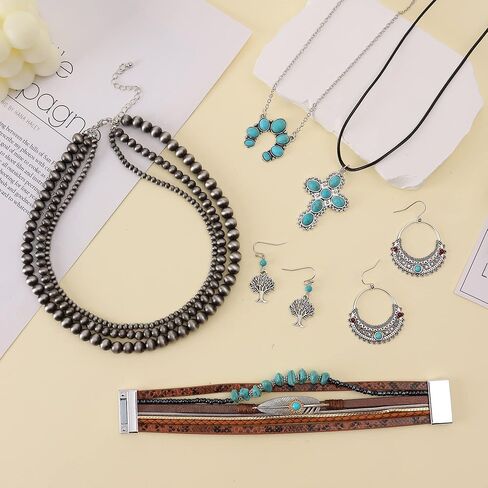MOZAKA 6 قطع مجوهرات غربية للنساء البوهيمي نافاجو بيرل قلادة بوهو الفيروز قلادة تتدلى أقراط جلدية فو سوار التفاف مجموعة مجوهرات in Kuwait