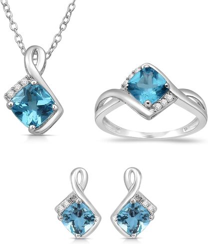 Jewelili Sterling Silver 6 MM and 5 MM Cushion Swiss Blue Topaz and Round Created White Sapphire Pendant Necklace 18" Cable Chain, Stud Earrings and Ring Jewelry Set in Saudi Arabia