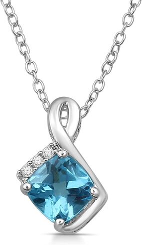 Jewelili Sterling Silver 6 MM and 5 MM Cushion Swiss Blue Topaz and Round Created White Sapphire Pendant Necklace 18" Cable Chain, Stud Earrings and Ring Jewelry Set in Saudi Arabia