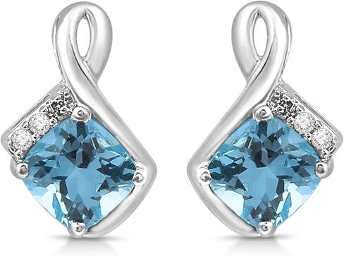 Jewelili Sterling Silver 6 MM and 5 MM Cushion Swiss Blue Topaz and Round Created White Sapphire Pendant Necklace 18" Cable Chain, Stud Earrings and Ring Jewelry Set in Saudi Arabia