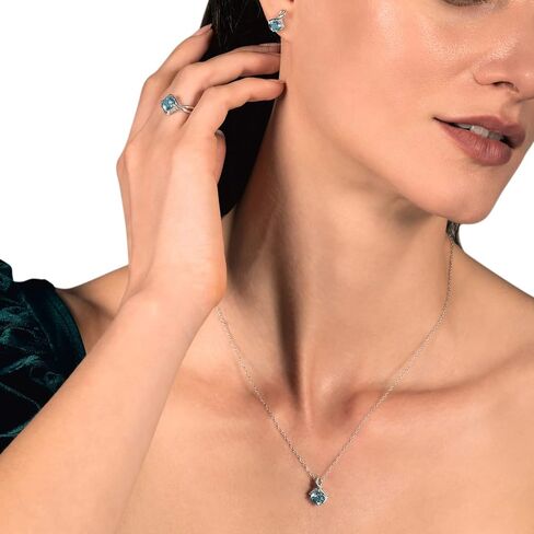 Jewelili Sterling Silver 6 MM and 5 MM Cushion Swiss Blue Topaz and Round Created White Sapphire Pendant Necklace 18" Cable Chain, Stud Earrings and Ring Jewelry Set in Saudi Arabia