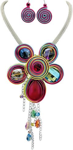 الأفريقية فريدة من نوعها الملونة الكبيرة عقد قصير محلى بالكريستال بيان المرأة قلادة طقم من الحلقان القبلية الأزياء والمجوهرات طوق المختنق مريلة اليدوية in Kuwait