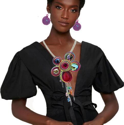 الأفريقية فريدة من نوعها الملونة الكبيرة عقد قصير محلى بالكريستال بيان المرأة قلادة طقم من الحلقان القبلية الأزياء والمجوهرات طوق المختنق مريلة اليدوية in Kuwait