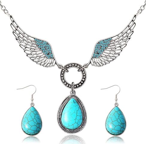 مجوهرات MISS RIGHT Boho الفيروزية مع أقراط متدلية وقلادة فيروزية للنساء العصرية، قلادات مكتنزة غربية بوهيمية مصنوعة يدويًا وأقراط بيان جمالية in Saudi Arabia