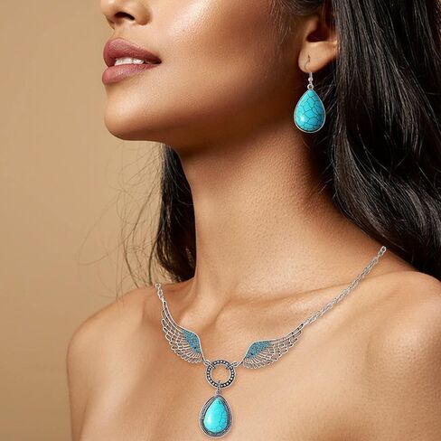 مجوهرات MISS RIGHT Boho الفيروزية مع أقراط متدلية وقلادة فيروزية للنساء العصرية، قلادات مكتنزة غربية بوهيمية مصنوعة يدويًا وأقراط بيان جمالية in Saudi Arabia