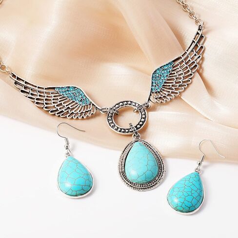 مجوهرات MISS RIGHT Boho الفيروزية مع أقراط متدلية وقلادة فيروزية للنساء العصرية، قلادات مكتنزة غربية بوهيمية مصنوعة يدويًا وأقراط بيان جمالية in Saudi Arabia