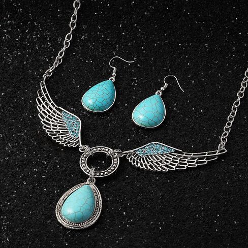 مجوهرات MISS RIGHT Boho الفيروزية مع أقراط متدلية وقلادة فيروزية للنساء العصرية، قلادات مكتنزة غربية بوهيمية مصنوعة يدويًا وأقراط بيان جمالية in Saudi Arabia