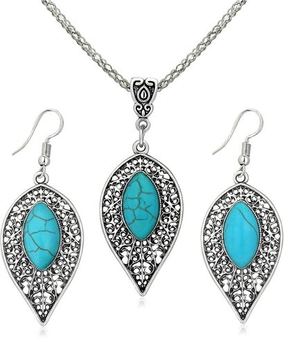 مجوهرات MISS RIGHT Boho الفيروزية مع أقراط متدلية وقلادة فيروزية للنساء العصرية، قلادات مكتنزة غربية بوهيمية مصنوعة يدويًا وأقراط بيان جمالية in Saudi Arabia