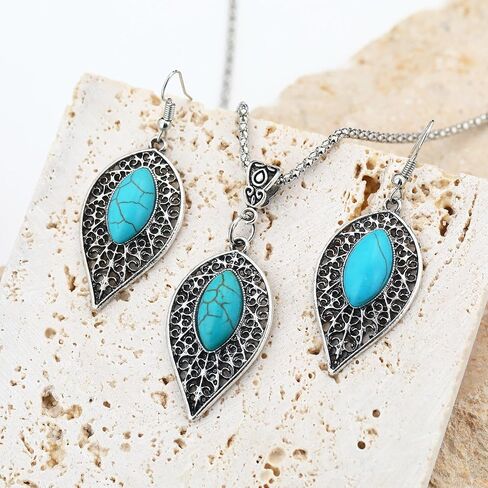 مجوهرات MISS RIGHT Boho الفيروزية مع أقراط متدلية وقلادة فيروزية للنساء العصرية، قلادات مكتنزة غربية بوهيمية مصنوعة يدويًا وأقراط بيان جمالية in Saudi Arabia
