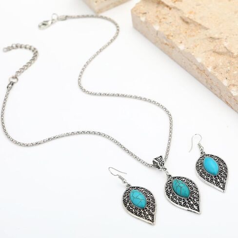 مجوهرات MISS RIGHT Boho الفيروزية مع أقراط متدلية وقلادة فيروزية للنساء العصرية، قلادات مكتنزة غربية بوهيمية مصنوعة يدويًا وأقراط بيان جمالية in Saudi Arabia