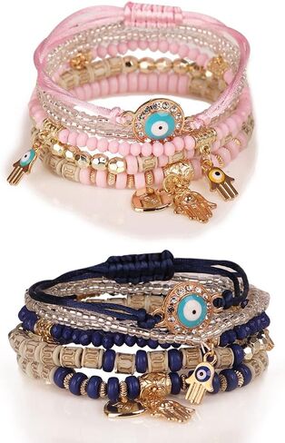 SKNGMO 4/2 مجموعات البوهيمي تمتد الخرز أساور متعدد الطبقات عين الشر همسة سوار اليد بوهو سحر تكويم سوار اليدوية متعدد الألوان كريستال مطرز محظوظ حماية أساور ستراند مجموعة in Kuwait