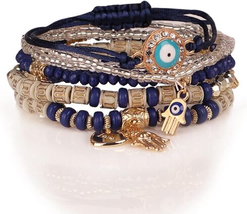 SKNGMO 4/2 مجموعات البوهيمي تمتد الخرز أساور متعدد الطبقات عين الشر همسة سوار اليد بوهو سحر تكويم سوار اليدوية متعدد الألوان كريستال مطرز محظوظ حماية أساور ستراند مجموعة in Kuwait