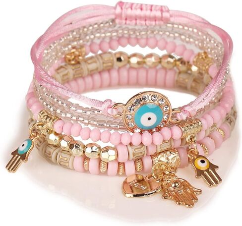 SKNGMO 4/2 مجموعات البوهيمي تمتد الخرز أساور متعدد الطبقات عين الشر همسة سوار اليد بوهو سحر تكويم سوار اليدوية متعدد الألوان كريستال مطرز محظوظ حماية أساور ستراند مجموعة in Kuwait