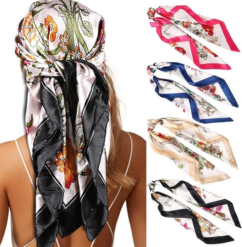 Molans 35 Inches Women Head Scarf Hair Bandanas - 4PCS Square Satin Head Scarves for Women Silk Like Hair Kerchief Banadanas in Kuwait