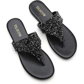 Tilocow Rhinestone Sandals For Women Glitter Sequin Round Toe Flat Sandals Spaghetti Strap Sandals