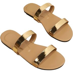 GORGLITTER Women's Metallic Flat Sandals Open Toe Two Strap Slide Sandals
