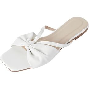 GORGLITTER Women's Bow Knot Square Toe Flat Sandals Open Toe Leather Slide Sandals