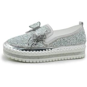 Women's Rhinestones Glitter Slip On Sneakers Cute Bowknot Flat Walking Loafers Platform Dress Shoes