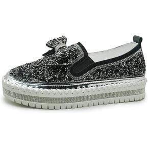 Women's Rhinestones Glitter Slip On Sneakers Cute Bowknot Flat Walking Loafers Platform Dress Shoes