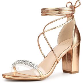 Perphy Crystal Rhinestones Strap Lace Up Chunky Heel Sandals for Women