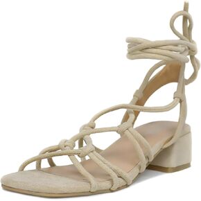 Women's Lace Up Chunky Block Heel Sandals, Square Toe Strappy Low Block Pump Sandals