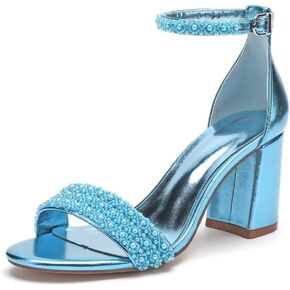 Block Heel Wedding Shoes for Bride Open Toe Pearl Bridal Shoes Wedding Heeled Sandals