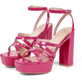 Elisabet Tang Chunky Platform High Heels Sandals for Women, 4.7 inch Ankle Strap Strappy Block Heels Sexy Square Open Toe Thick Heeled Sandals Party Wedding Dress Daily Wear Shoes