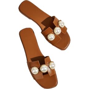GORGLITTER Women's Faux Pearl Decor Cut Out Flat Sandals Summer Casual H-Band Slide Sandals
