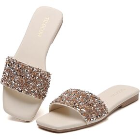 Tilocow Women Rhinestone Decor Flat Sandals Square Toe Fashion Glitter Bling Slides With Soft Summer Slippers
