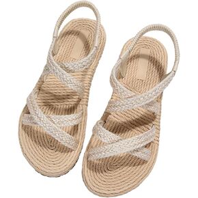 OYOANGLE Women's Straw Braided Criss Cross Strappy Open Toe Flat Sandals Boho Ankle Strap Slip on Beach Sandals