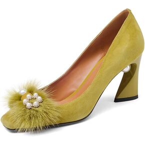 Fashion Heel Suede Leather Women's Square Toe Chunky Heels Vintage Floral Handmade Dress Pump Shoes with Fur Pearl (Yellow, US10.5)