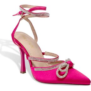 Chase & Chloe Women's Closed Toe Rhinstone Wedding Low Heel Slingback Clear Kitten Heels,Adjustable Strap Pointed Toe Bow Pumps High Heeled Prom Dress Shoes
