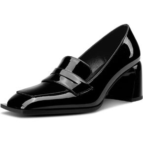 Aachcol Womens Heeled Loafers Square Toe Chunky Block Mid Heel Loafers Pumps Classic Slip-on Office Patent Leather Dress Shoes 2.8 Inches Heels
