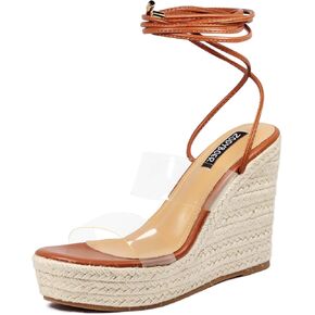 Womens Lace Up Espadrille Wedge Sandals Tie Up Strappy Platform Heels with Clear Straps Open Toe High Heel Wrap Sandals for Women Dressy