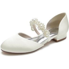 Round Toe Satin Pearl Wedding Flats Comfortable Wedding Shoes for Bride Mary Jane Bridal Flats Slip On Evening Prom Party Dress Shoes Pumps for Women