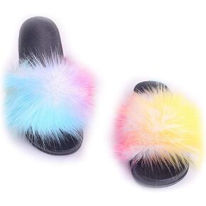 Women Faux Fox Fur Slippers Summer Feather Open Toe Single Strap Slip On Sandals