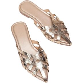 GORGLITTER Women's Hollow Out Embossed Flat Sandals Metallic Mules Cut Out Point Toe Slide Shoes