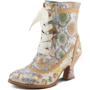 Spring Step L'Artiste Women's BEWITCH-PYTHON Metallic Animal Print Boots - Satin Ribbon Lace, Inside Zipper, Salsa Heel