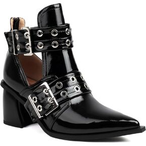 Women's Cutout Double Buckle Strap Booties Pointed Toe Chunky Block Heel Sandals with Back Zipper Summer Ankle Boots Dressy Heeled Sandal