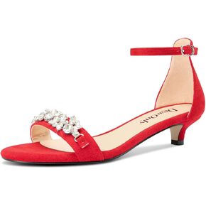 DearOnly Womens Low Kitten Heel Peep Open Toe Ankle Strap Sandals Rhinestone Crystal Buckle Office Summer Dress 1.4 Inches Heels