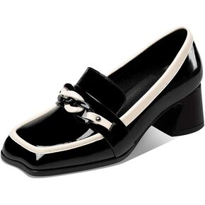 TinaCus Women's Genuine Leather Square Toe Handmade Assorted Color Chunky Heel Trendy Loafers with Chain Décor