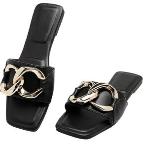Women's Flat Sandals Fashion Square Open Toe Slides With Big Metal Chain Slippers Dressy for Summer Size 6-11