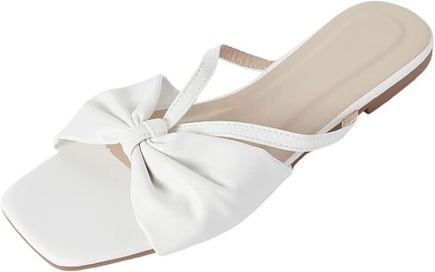 GORGLITTER Women's Bow Knot Square Toe Flat Sandals Open Toe Leather Slide Sandals in Saudi Arabia