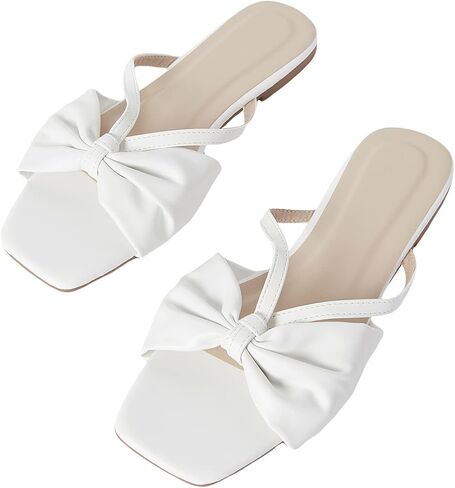 GORGLITTER Women's Bow Knot Square Toe Flat Sandals Open Toe Leather Slide Sandals in Saudi Arabia