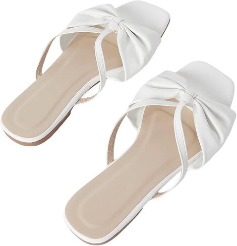 GORGLITTER Women's Bow Knot Square Toe Flat Sandals Open Toe Leather Slide Sandals in Saudi Arabia